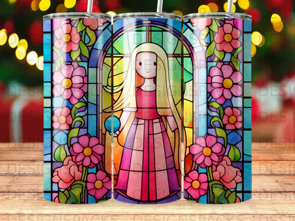 Stained glass design of a blonde-haired figure holding a blue orb, surrounded by flowers.