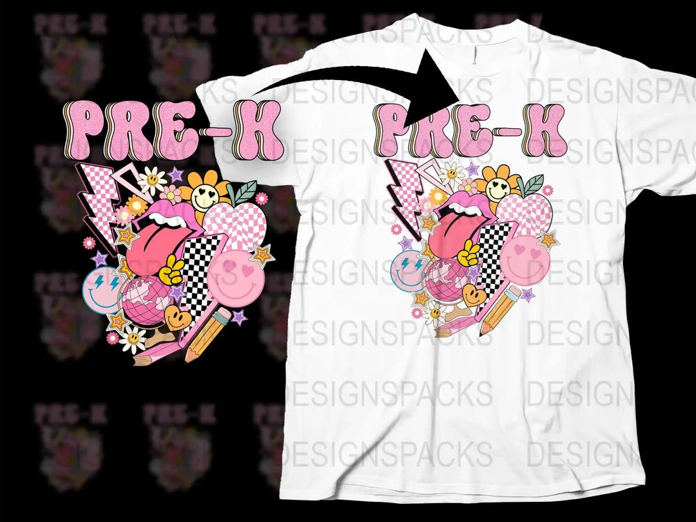Colorful Pre-K T-Shirt with Cute Cartoon Characters, Unisex Kids' School Shirt, Vibrant Graphic Tee for Children