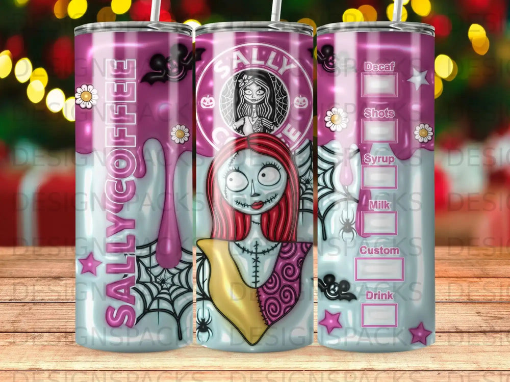 Sally's Coffee tumbler with spooky girl and menu items.