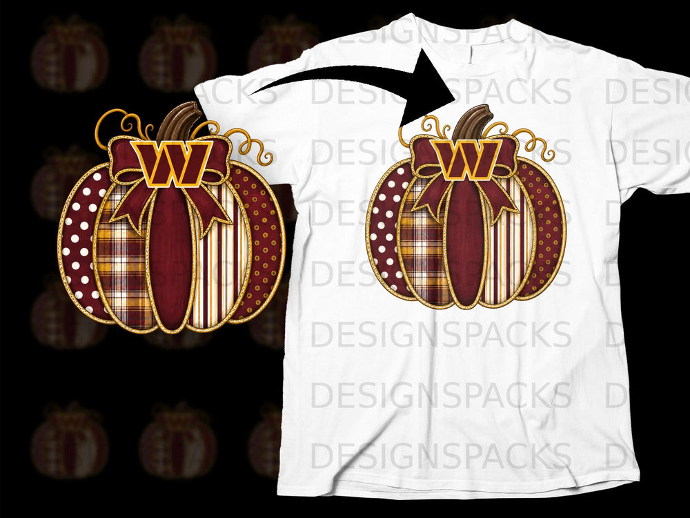 Pumpkin with "W" logo on a white t-shirt, against dark background.