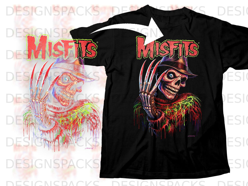 Black t-shirt with Misfits logo and a skull with razor-sharp glove.