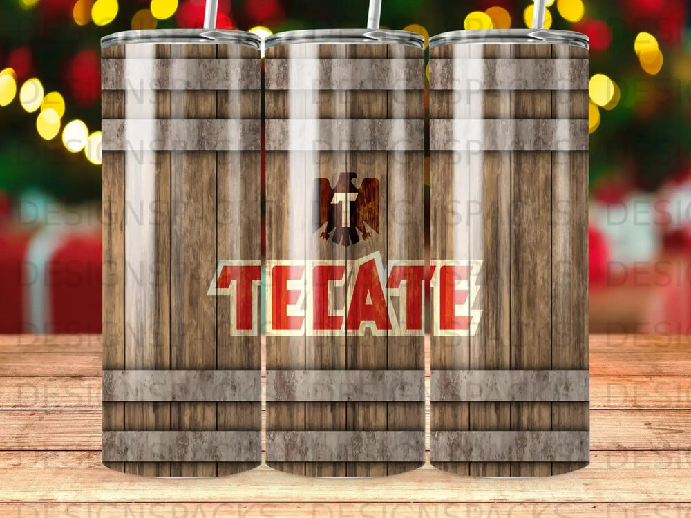 Tecate beer logo on a wooden barrel tumbler.