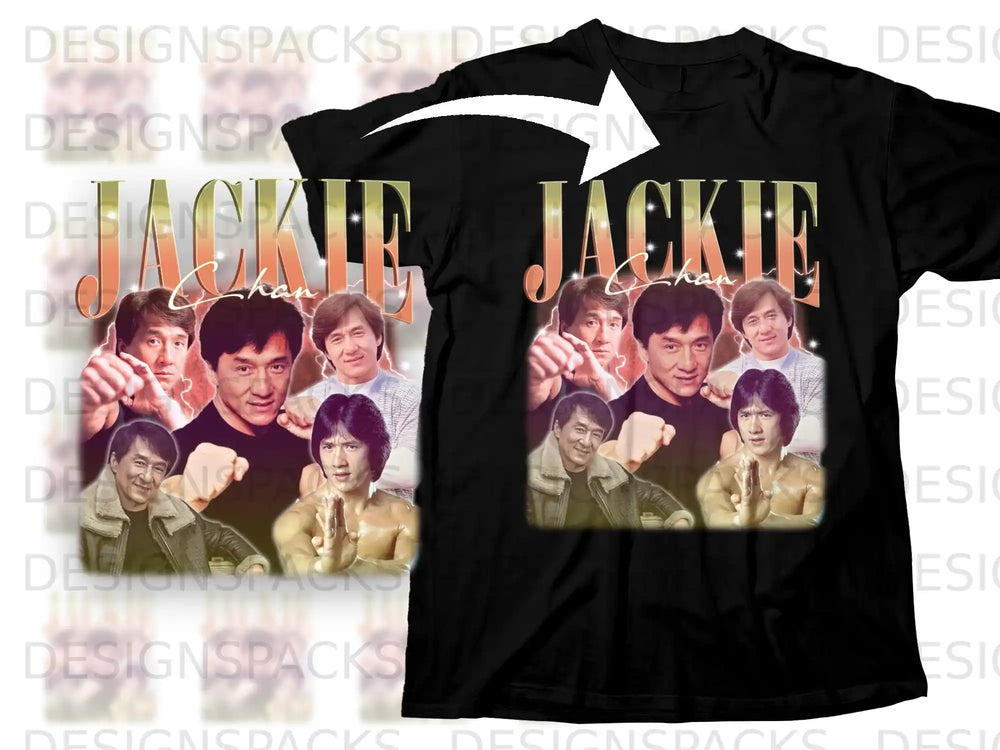 Black t-shirt featuring a collage of Jackie Chan movie stills.