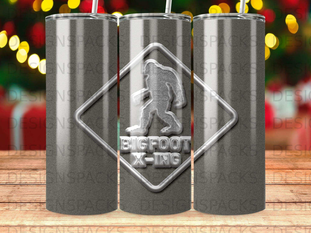 Silver Bigfoot crossing sign with "BIGFOOT X-ING" text.