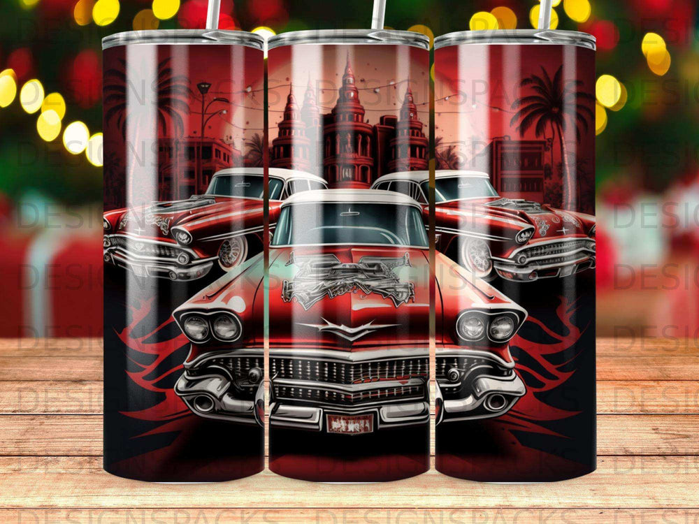 Three classic red hot rod cars with flames against a city backdrop.