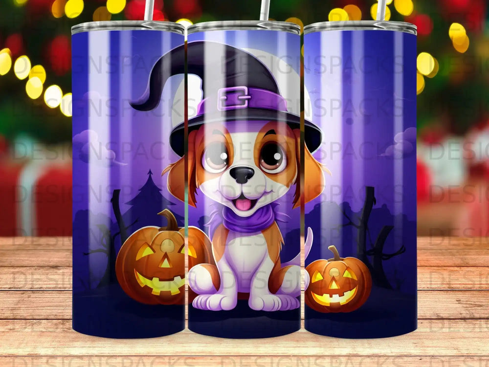 Halloween tumbler with dog, pumpkins, and spooky background.