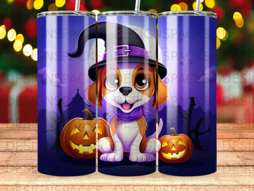 Halloween tumbler with dog, pumpkins, and spooky background.