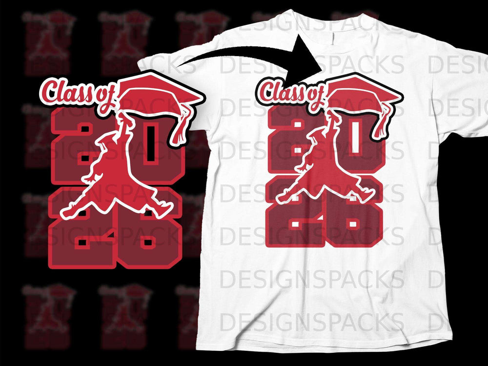 Red graduation cap over "Class of 2026" graphic on white t-shirt.