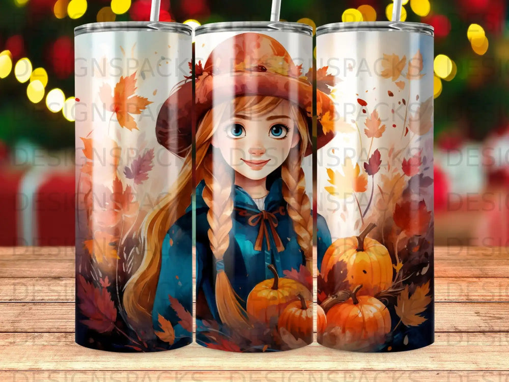 Animated girl with braided hair surrounded by pumpkins and autumn leaves.