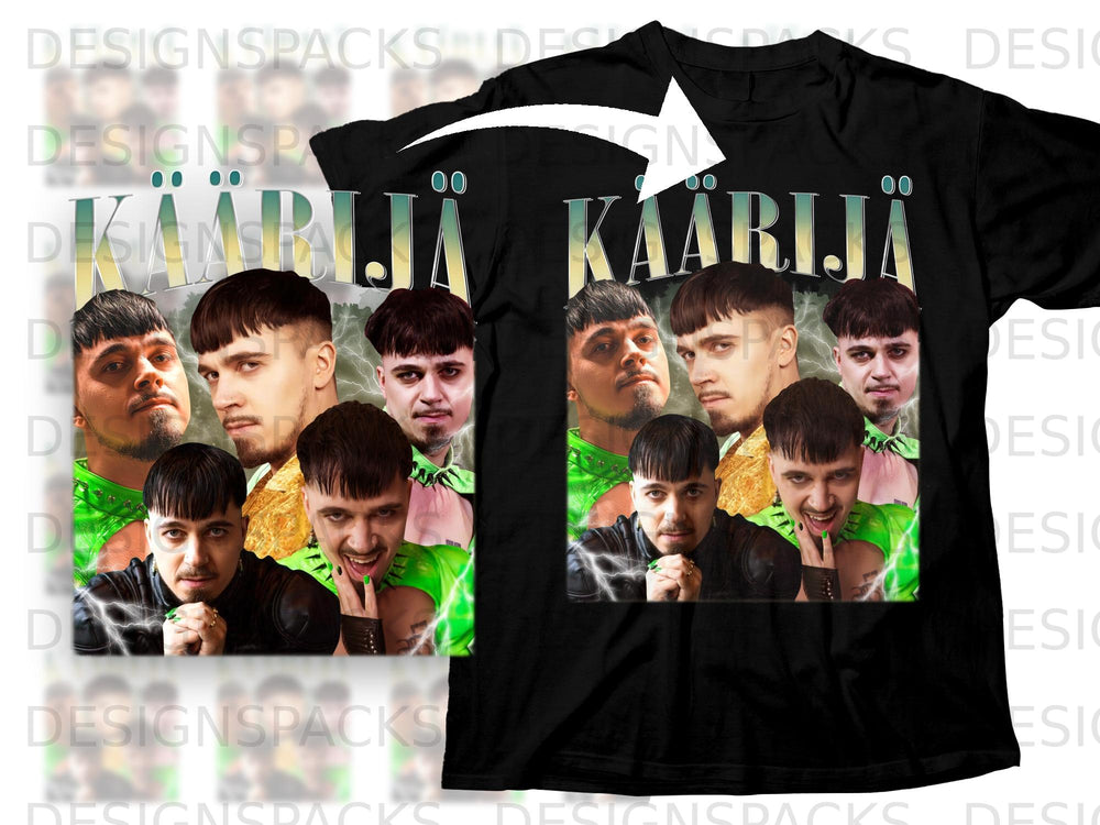 Black t-shirt featuring a graphic with the text "KAARIJÄ" and portraits of men.