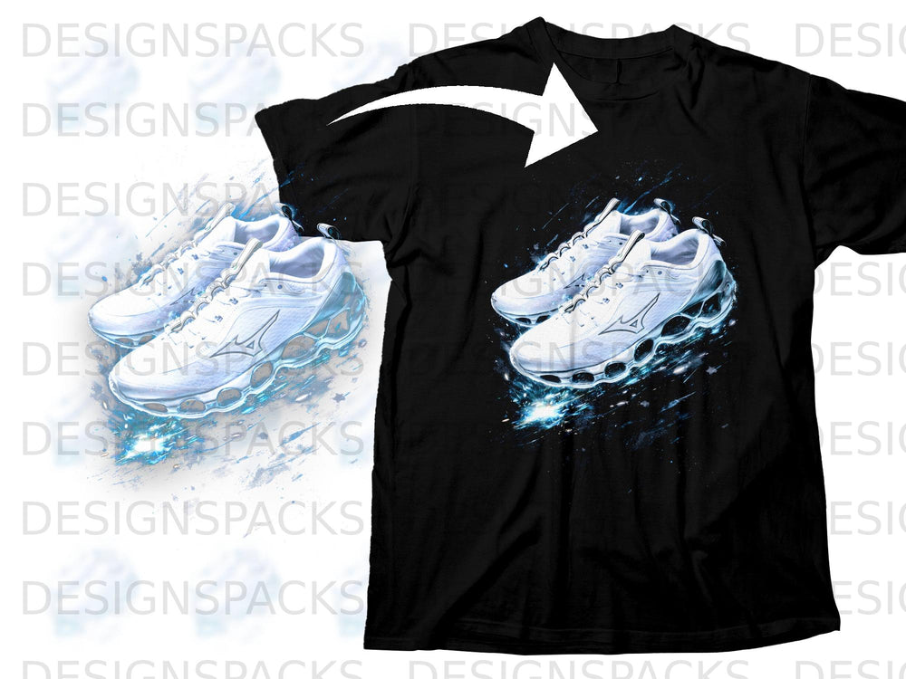 Black t-shirt featuring a graphic of white athletic shoes with blue energy effects.
