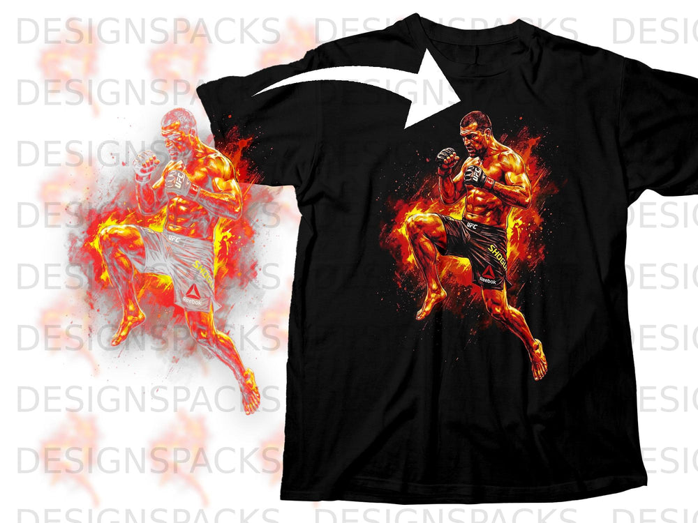 UFC fighter in fiery stance on black t-shirt, Reebok and Shogun logos visible.