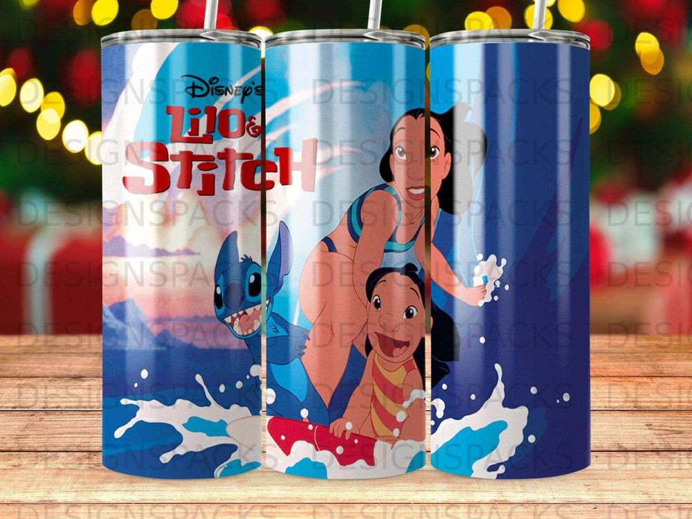 Lilo & Stitch characters on a blue tumbler with water splashes.