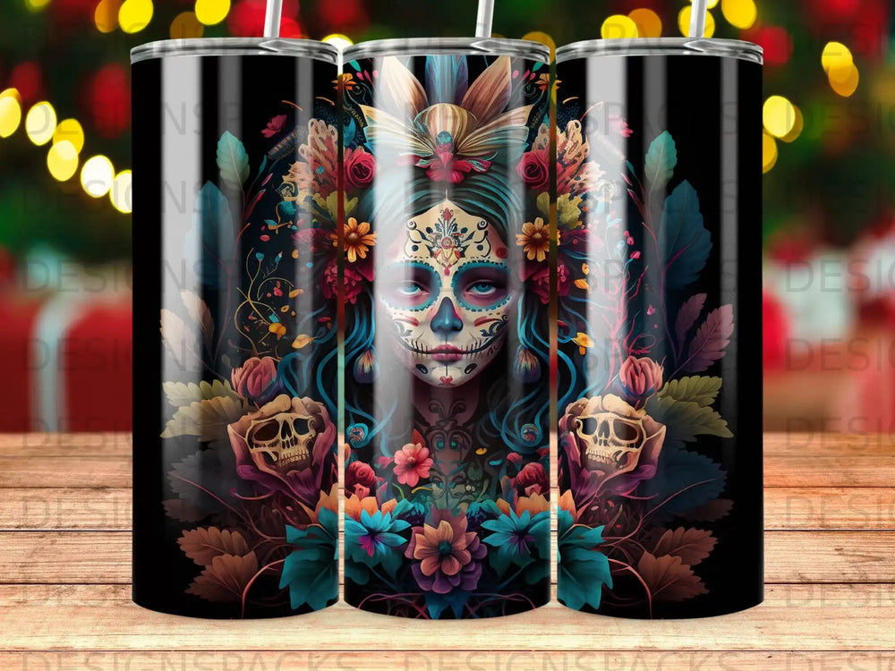 Sugar skull woman with floral and skull accents on black tumbler.