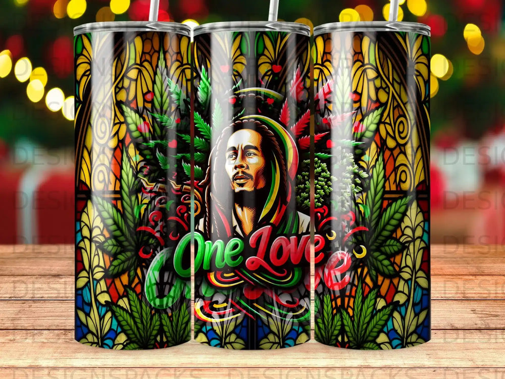 Bob Marley with "One Love" text, surrounded by stained glass and cannabis leaves.
