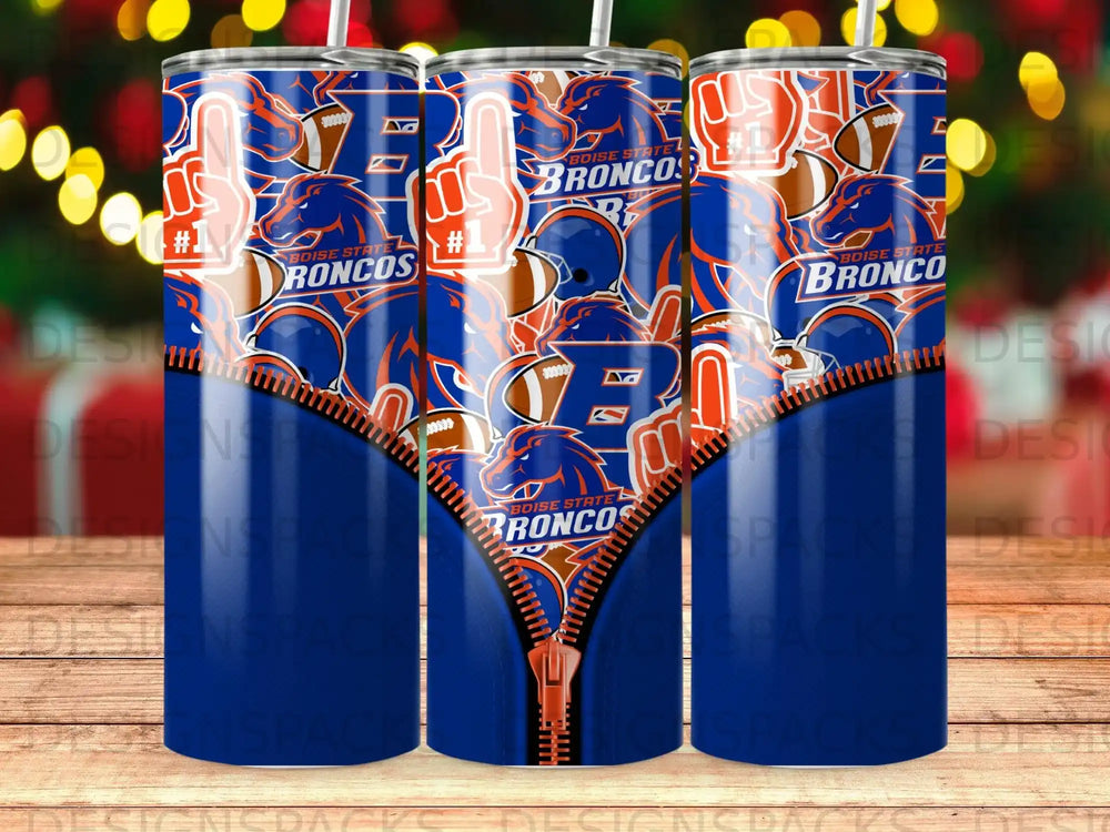 Tumbler with Boise State Broncos logo and football elements, featuring a zipper design.
