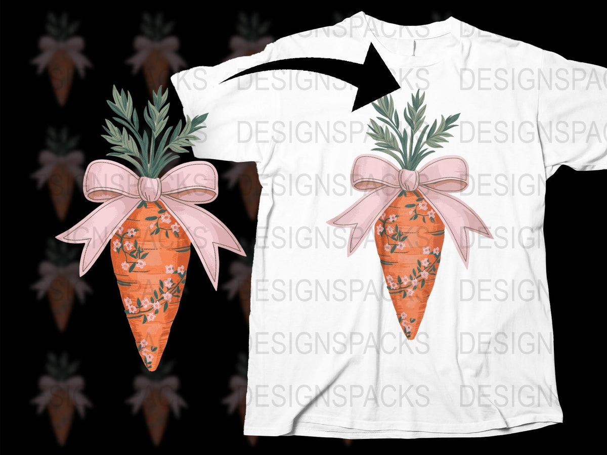 Carrot Print T-Shirt with Bow Design, Cute Vegetable Graphic Tee, Gardening White Shirt for Plant Lovers