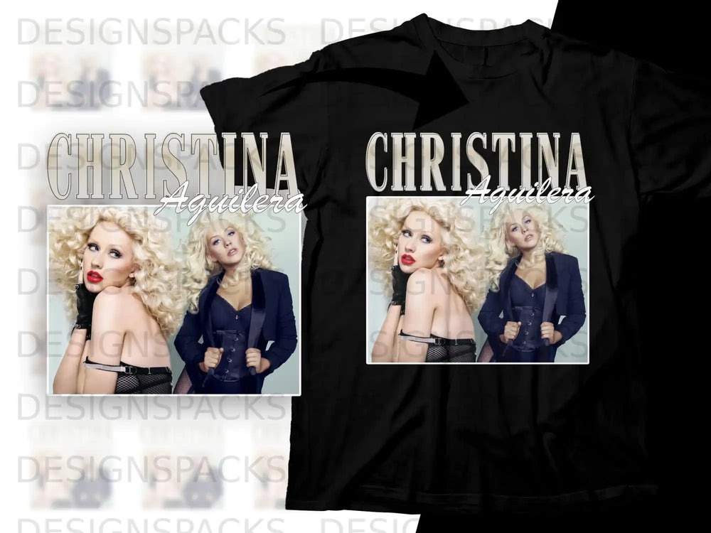 Christina Aguilera in black outfit on black t-shirt mockup.
