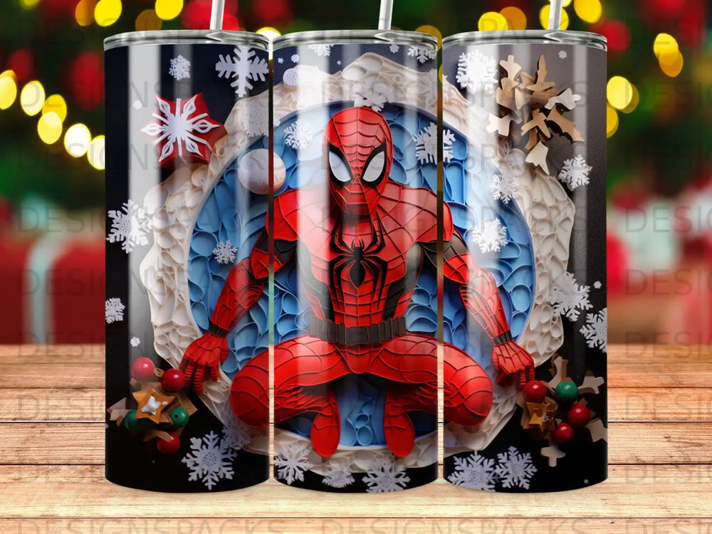 Spider-Man in a blue snowflake pattern on a cylindrical tumbler.