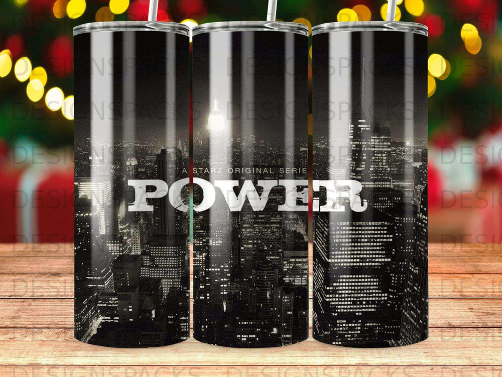Black and white city skyline with "POWER" title and Starz logo.