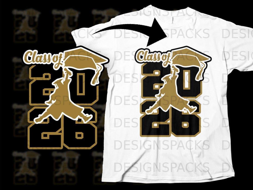 Gold and black "Class of 2026" graphic with graduation cap on a white t-shirt.