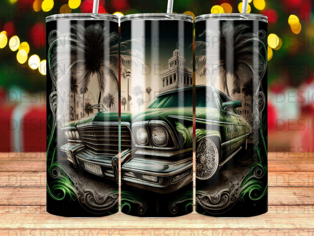 Green vintage car with palm trees and city skyline, surrounded by ornate border.