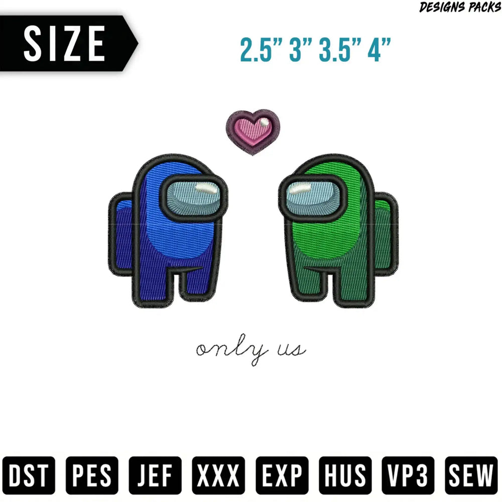 Two Among Us characters, blue and green, with a heart above, and file formats listed.