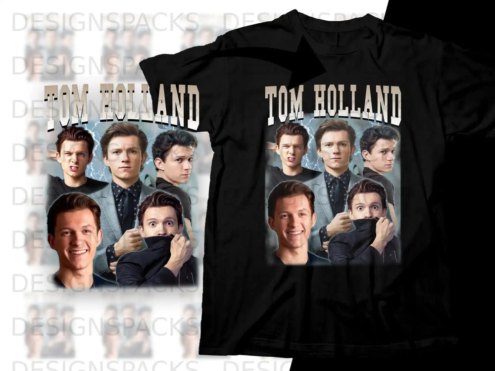 Tom Holland collage on black t-shirt.