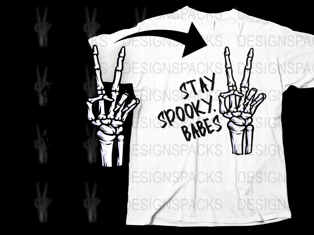 Stay Spooky Babes Graphic T-Shirt, Hand Sign Skeleton Print, Unisex Horror Tee, Halloween Apparel, Black and White, Goth Style Shirt