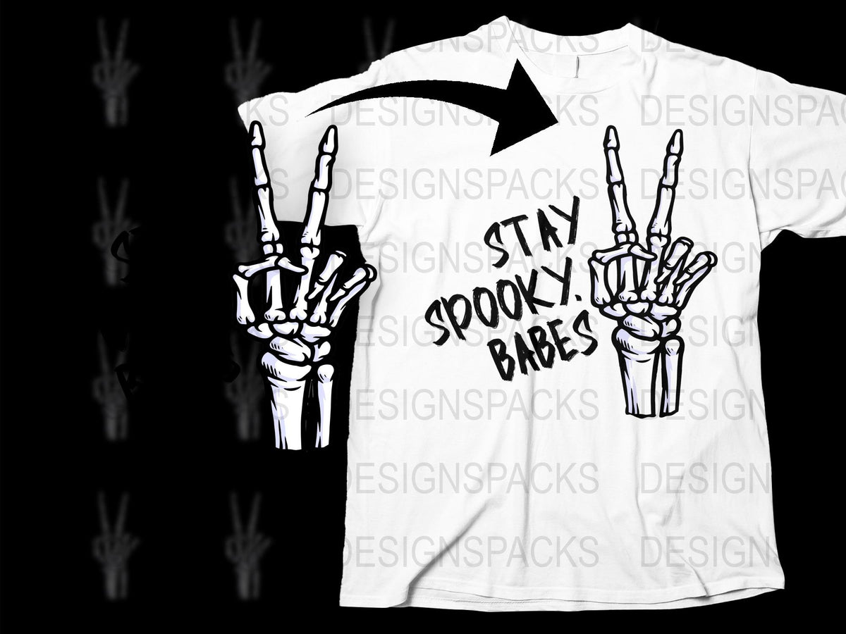 Stay Spooky Babes Graphic T-Shirt, Hand Sign Skeleton Print, Unisex Horror Tee, Halloween Apparel, Black and White, Goth Style Shirt