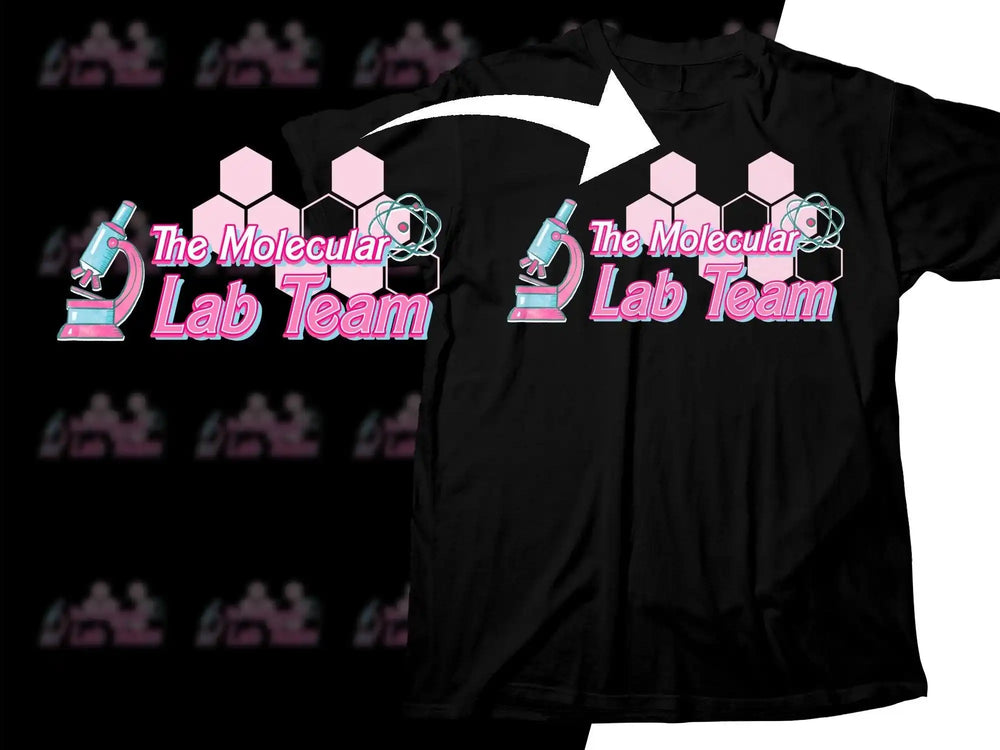 Black t-shirt with 'The Molecular Lab Team' design featuring pink hexagons, microscope, and atom graphics.
