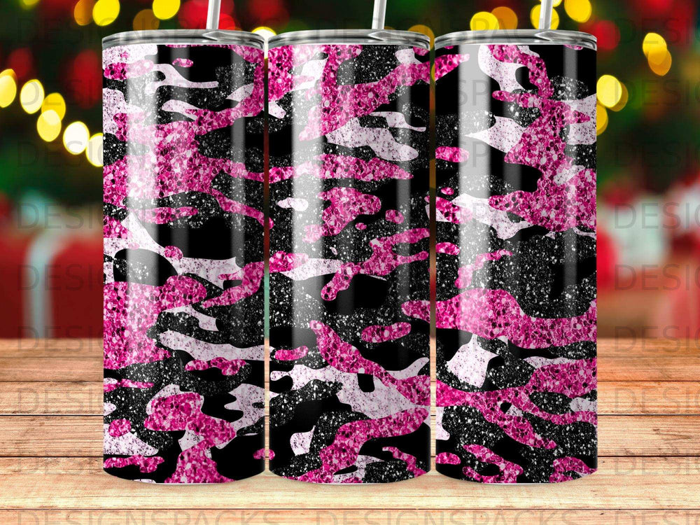 Tumbler with pink and black camouflage glitter design.