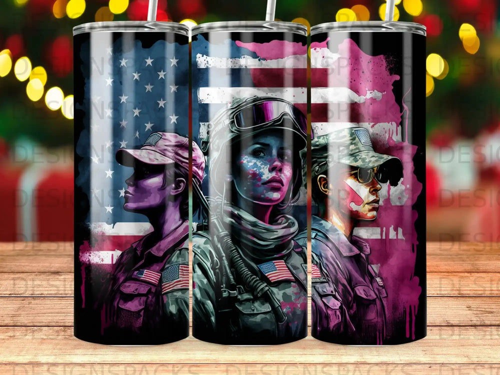 Three US military women in camouflage against an American flag background.