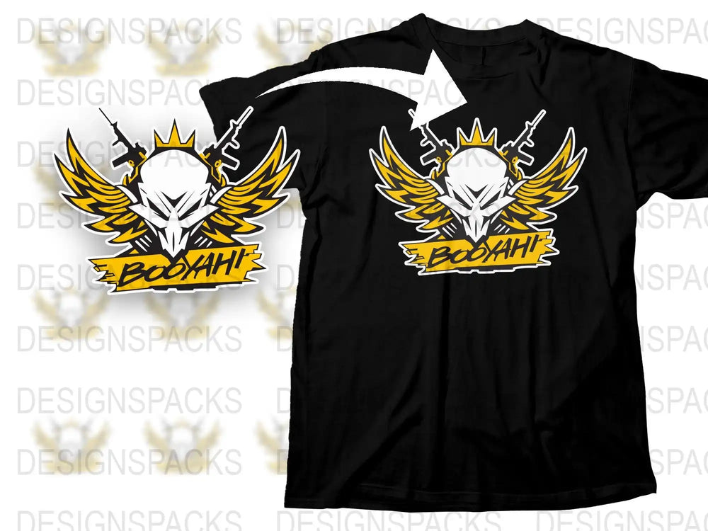 Stylish Black T-Shirt with White and Yellow Booyah Graphic Design, Modern Urban Apparel
