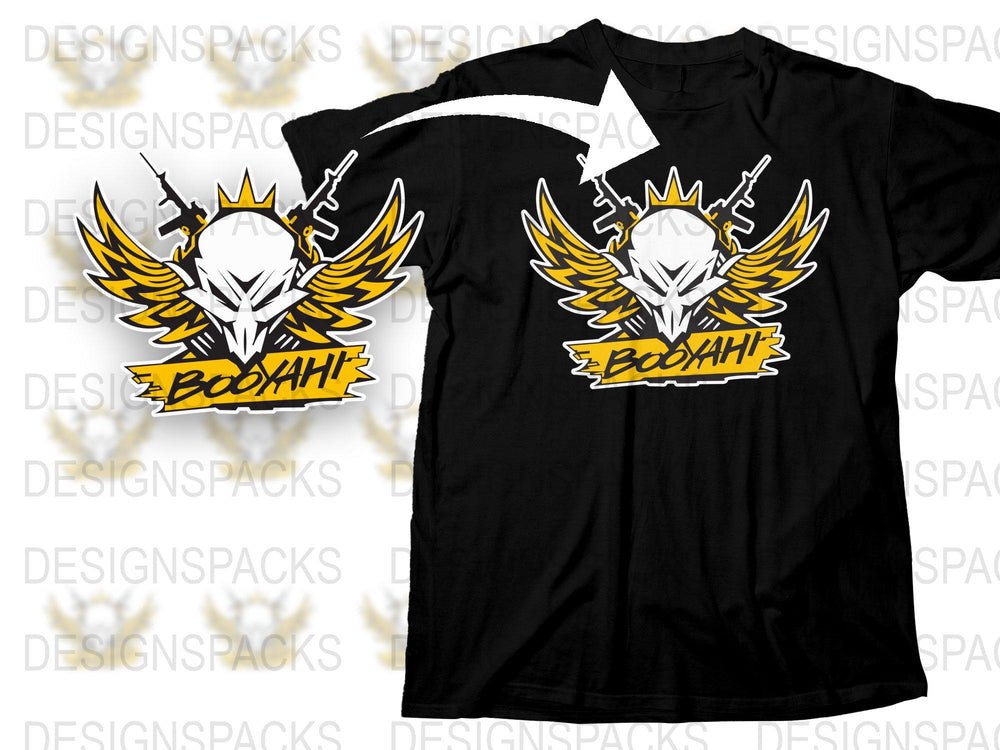 Stylish Black T-Shirt with White and Yellow Booyah Graphic Design, Modern Urban Apparel