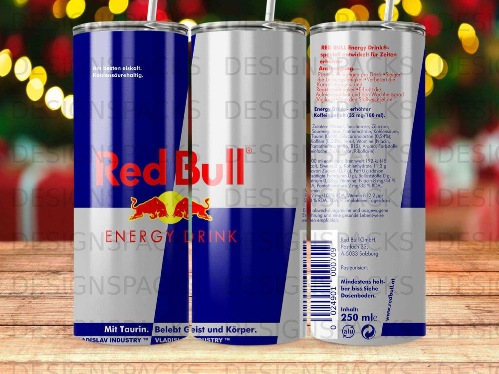 Red Bull Energy Drink can with silver and blue branding and nutritional information.