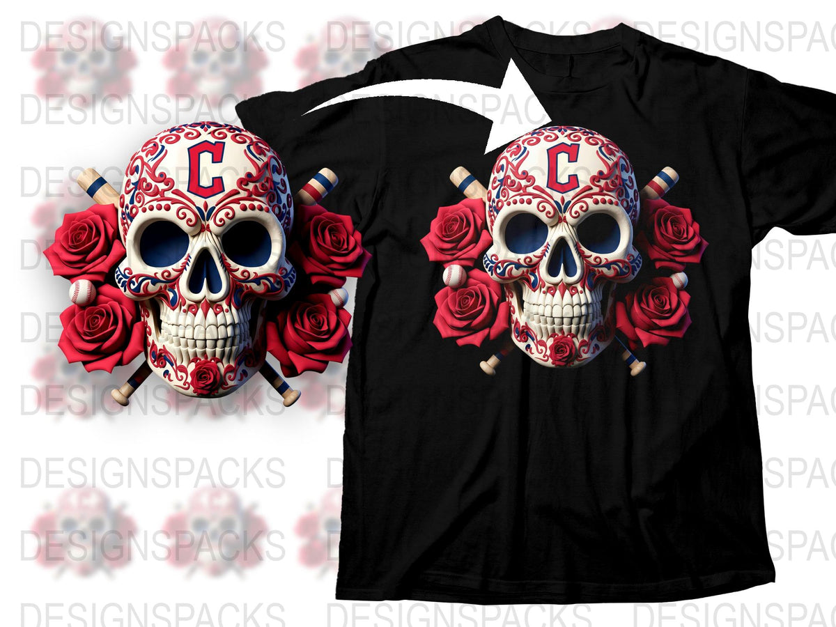 Gothic Skull T-Shirt, Red Floral Pattern, Crossed Swords, Dark Aesthetic, Unisex Black Cotton Tee, Unique Graphic Design Shirt