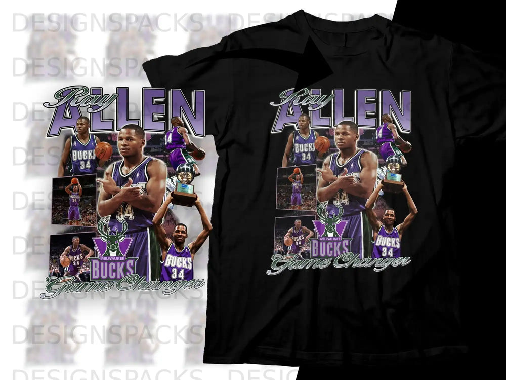 Ray Allen Milwaukee Bucks basketball jersey with game changer graphic.