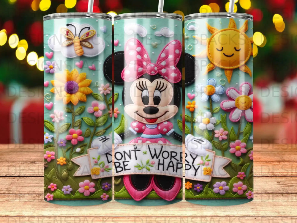 Minnie Mouse with "Don't Worry Be Happy" banner among colorful flowers.
