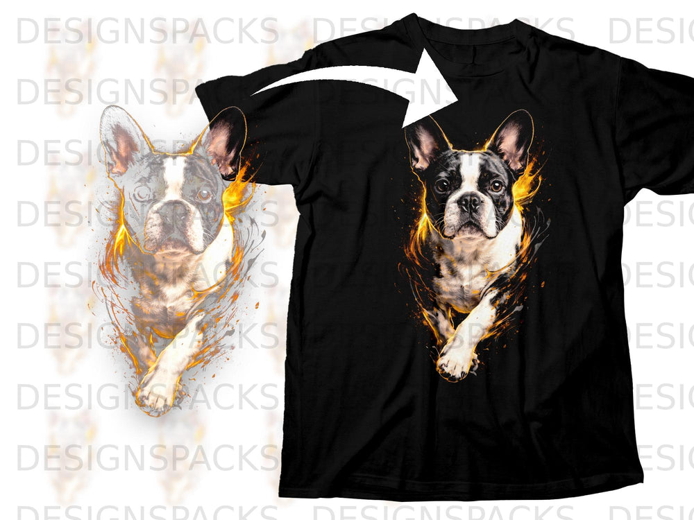 Black t-shirt with a graphic of a Boston Terrier dog surrounded by flames.