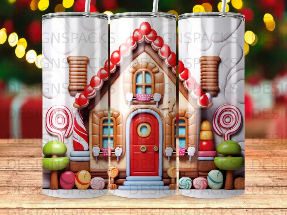Gingerbread house with candy decorations, red door, and lollipops.