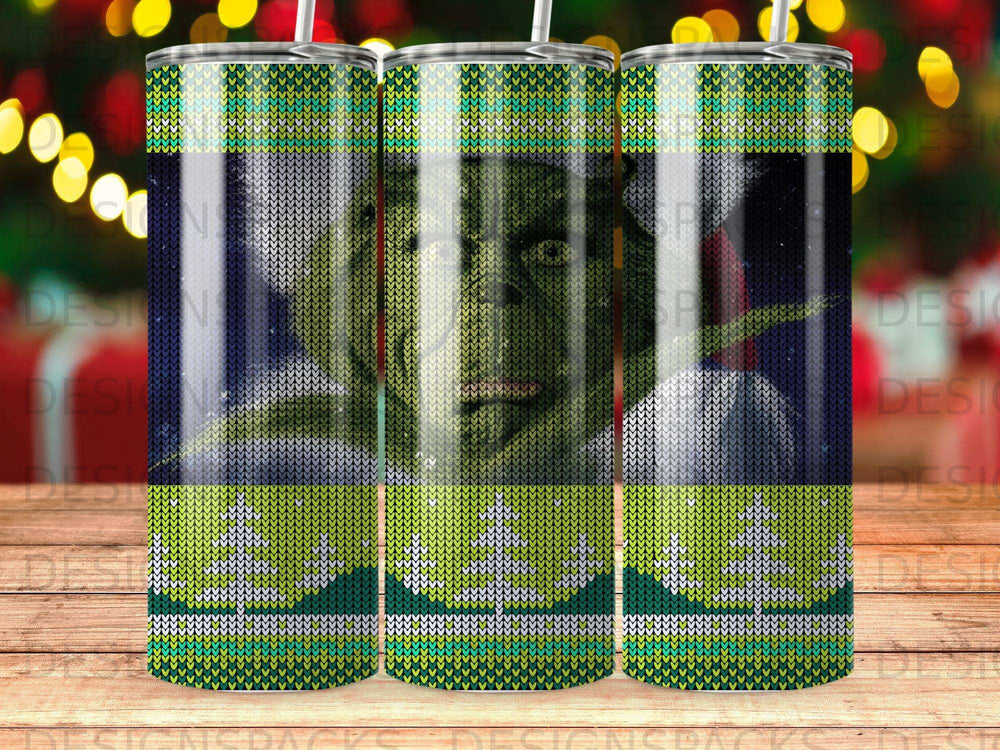 Grinch wearing a Christmas sweater, illustrated in a dark, festive background.