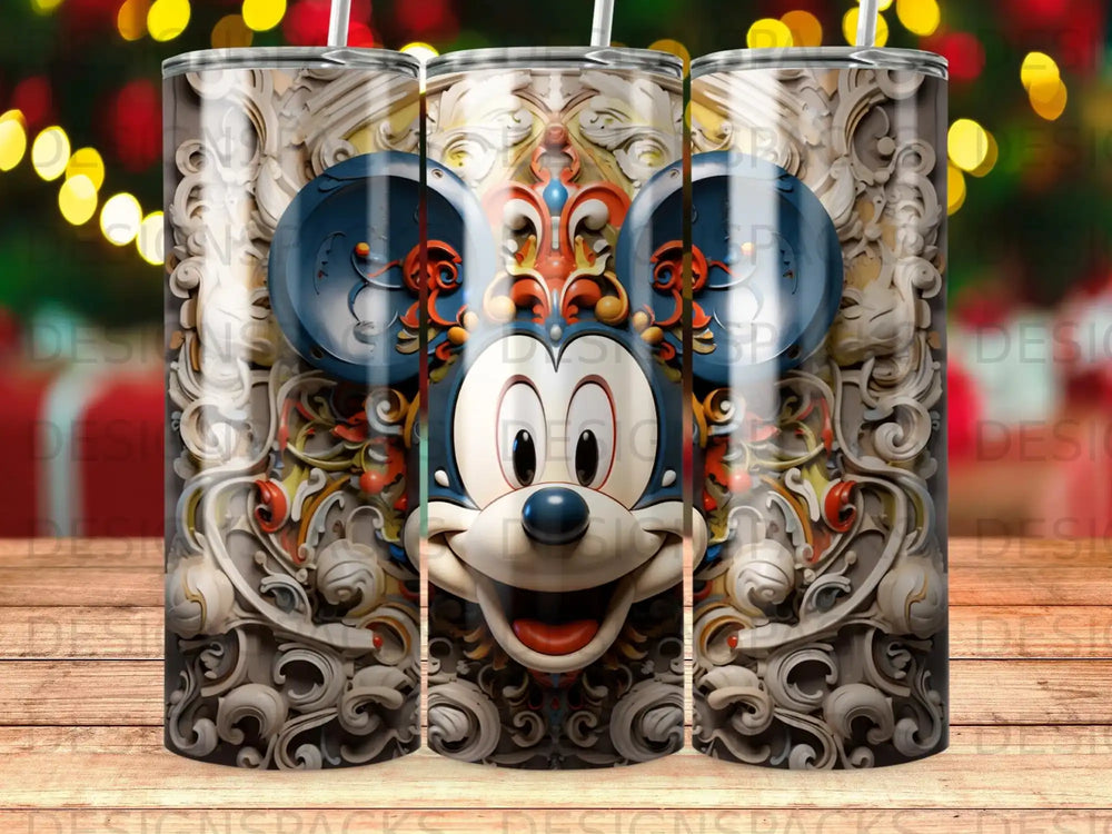 Mickey Mouse with ornate blue and gold scrollwork on a tumbler.