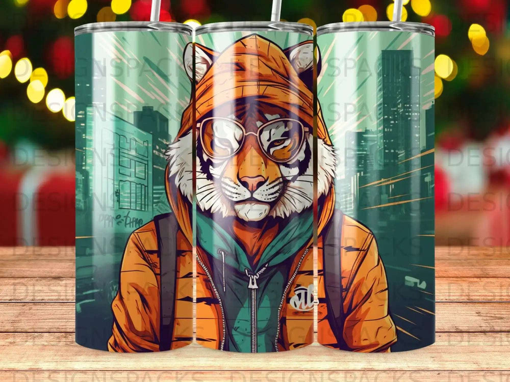 Tiger wearing glasses and an orange hoodie with a city skyline background.