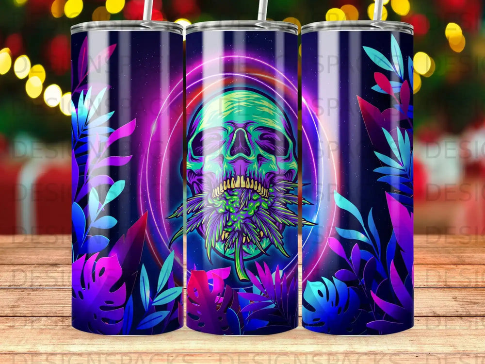 Neon skull with glowing purple accents and tropical leaves.