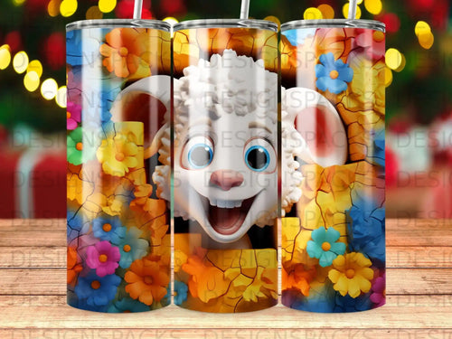 Cartoon sheep with blue eyes peeking through colorful flowers and cracked earth.