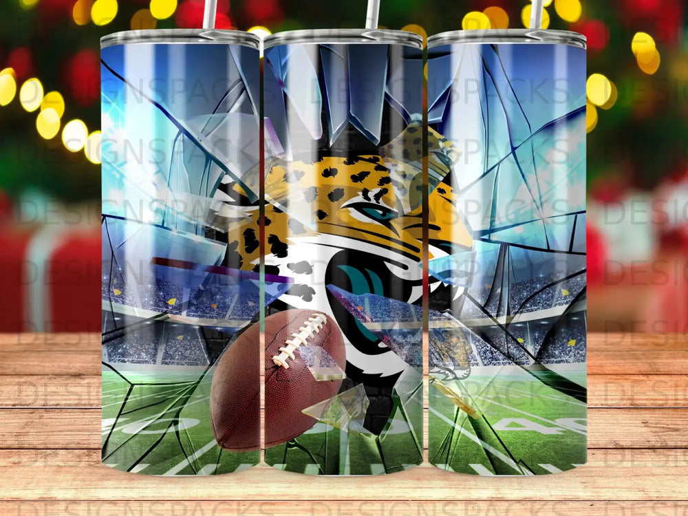 Jaguar mascot breaking through a football stadium.