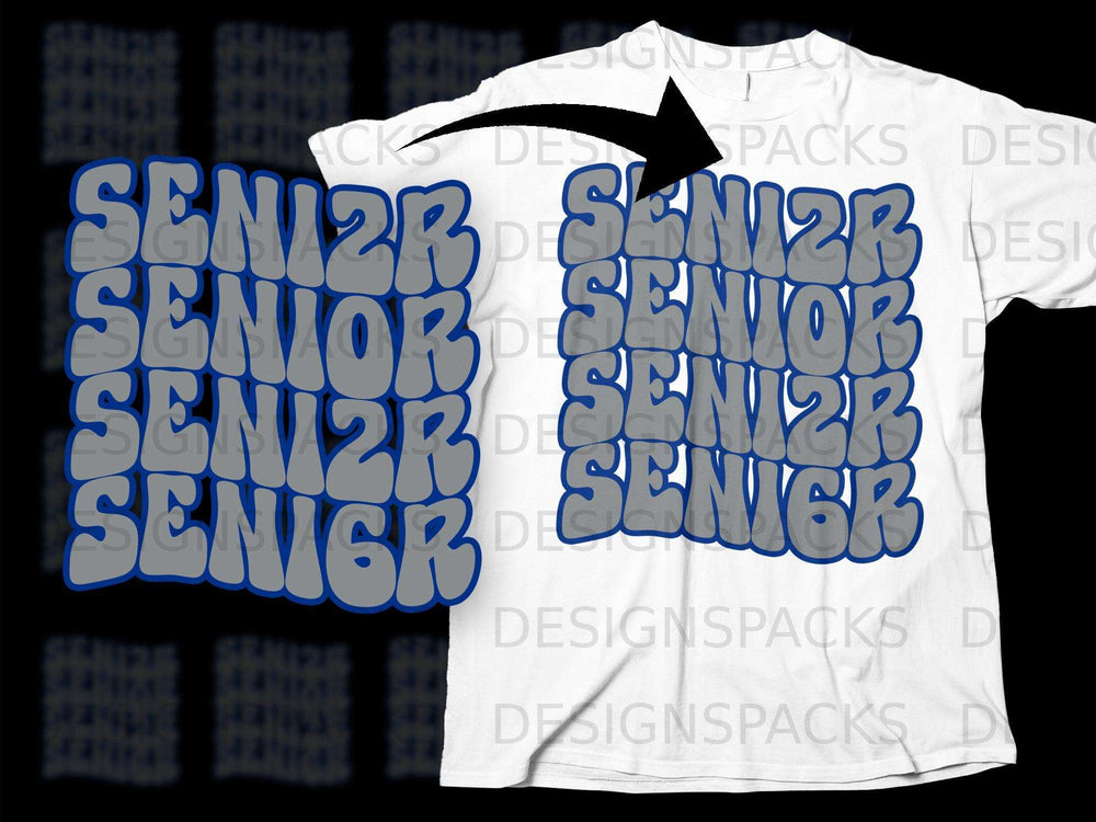 Blue and gray "Senior" text stacked on a white t-shirt.