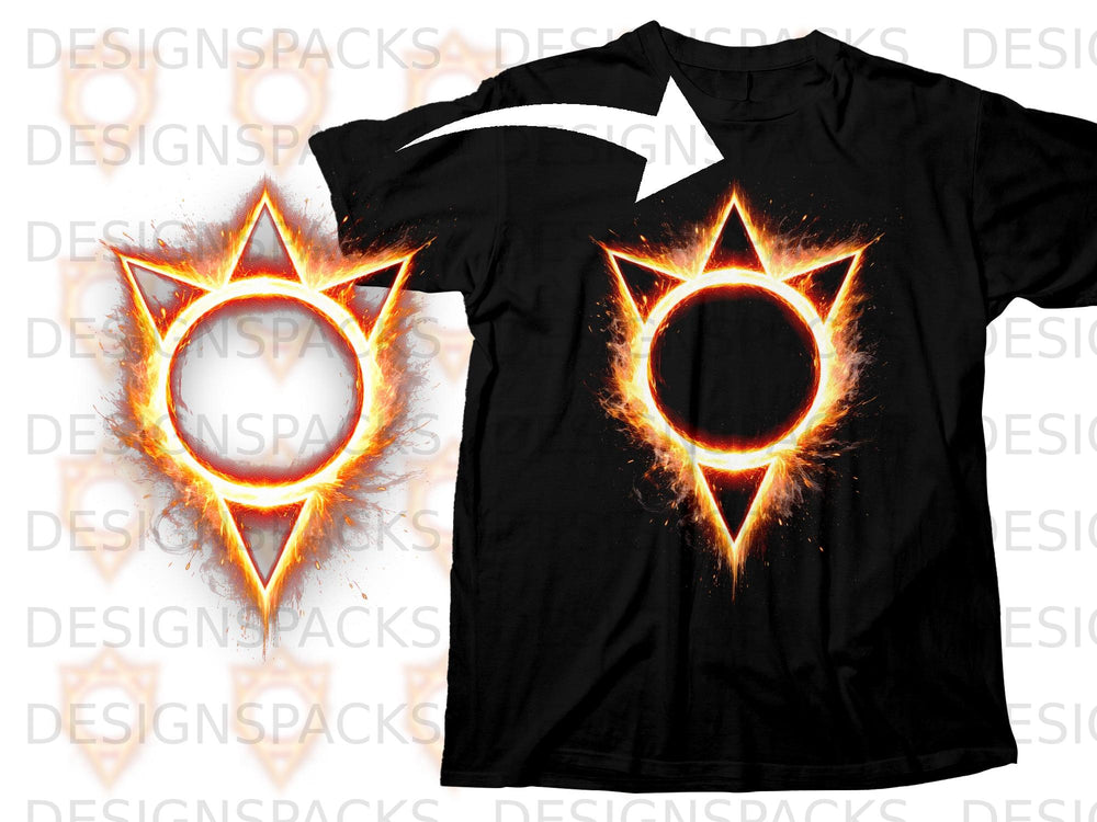 Black t-shirt with a fiery sun graphic and white arrow pointing to it.