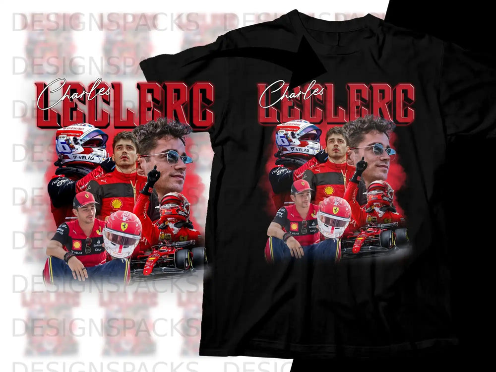 Charles Leclerc Formula 1 racing collage with Ferrari car and logos.